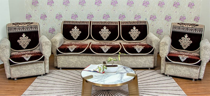 KREEVA Velvet Florida Abstract 6 Piece 5 Seater Sofa slipcover and Chair Set-(3+1+1), Brown - Image 3