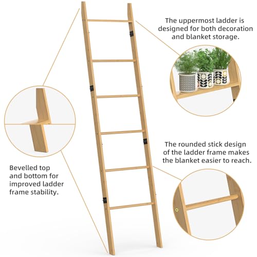 BAMBANG 6-Tier Blanket Ladder for Living Room, Blanket Quilt Ladder Rack Rustic Decorative Towel Holder, Wall Leaning Blanket Ladder Shelf Storage Farmhouse Decor for Bedroom Bathroom, Natural - Image 3