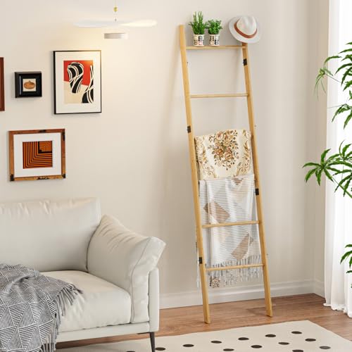 BAMBANG 6-Tier Blanket Ladder for Living Room, Blanket Quilt Ladder Rack Rustic Decorative Towel Holder, Wall Leaning Blanket Ladder Shelf Storage Farmhouse Decor for Bedroom Bathroom, Natural - Image 5