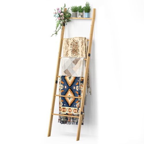 BAMBANG 6-Tier Blanket Ladder for Living Room, Blanket Quilt Ladder Rack Rustic Decorative Towel Holder, Wall Leaning Blanket Ladder Shelf Storage Farmhouse Decor for Bedroom Bathroom, Natural - Image 1