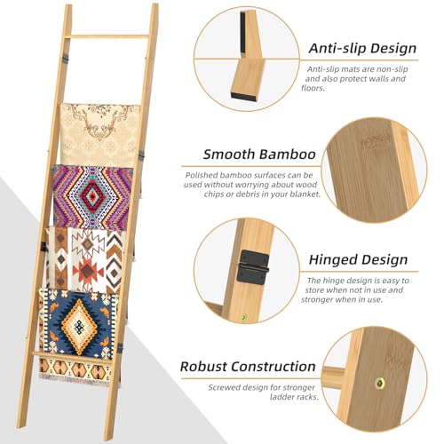 BAMBANG 6-Tier Blanket Ladder for Living Room, Blanket Quilt Ladder Rack Rustic Decorative Towel Holder, Wall Leaning Blanket Ladder Shelf Storage Farmhouse Decor for Bedroom Bathroom, Natural - Image 2
