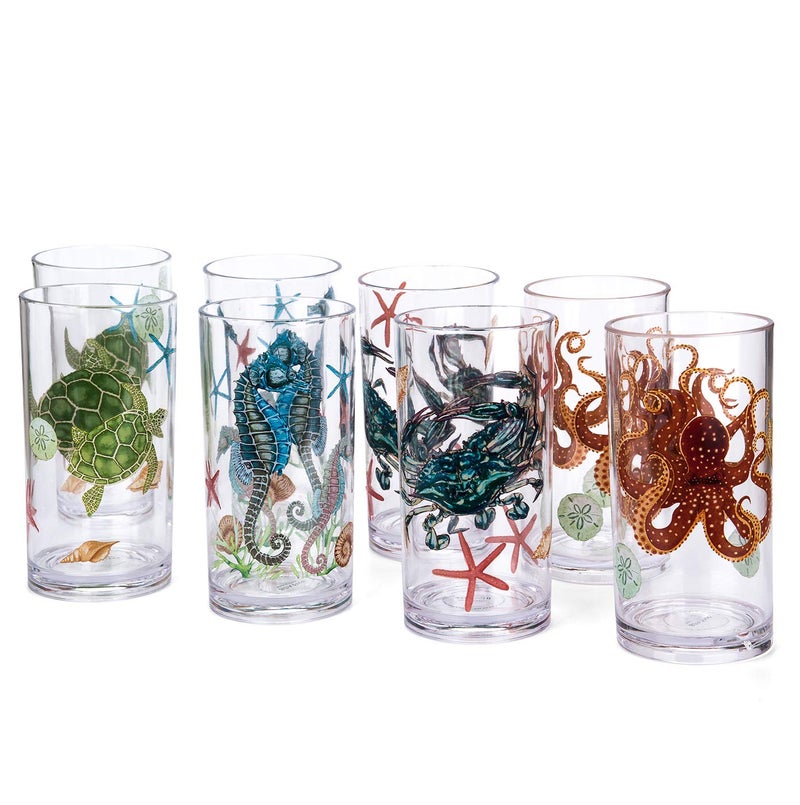 KXWARE Sea Ocean Life 20ounce Plastic Tumbler Drinking Glasses Mixed Drinkware Sets set of 8 Multicolor