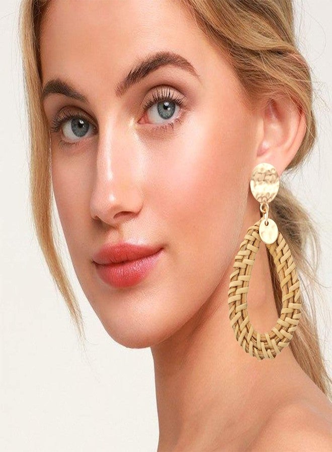 BSJELL أقراط BSJELL المصنوعة من الخيزران المنسوج، أقراط مصنوعة يدوياً من الخوص، أقراط حلقية محبوكة من القش، أقراط متدلية خفيفة الوزن من خيوط الرافيا للنساء (Teardop-1) - Image 3