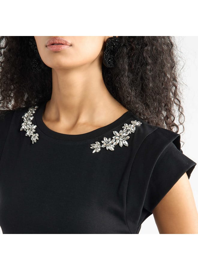 Splash FAV Embellished T-shirt with Round Neck and Cap Sleeves  - Image 4