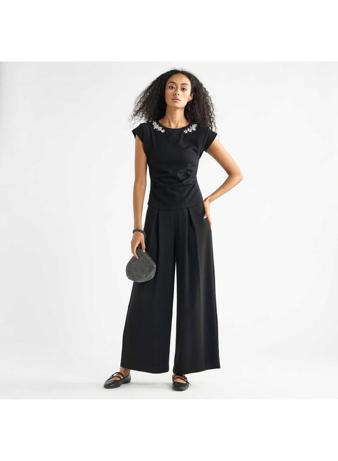 Splash FAV Embellished T-shirt with Round Neck and Cap Sleeves  - Image 2