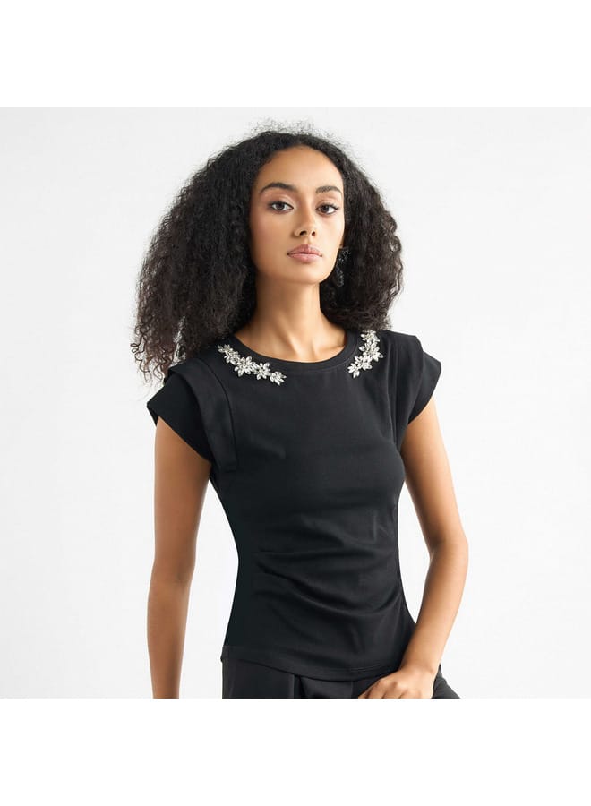 Splash FAV Embellished T-shirt with Round Neck and Cap Sleeves  - Image 1