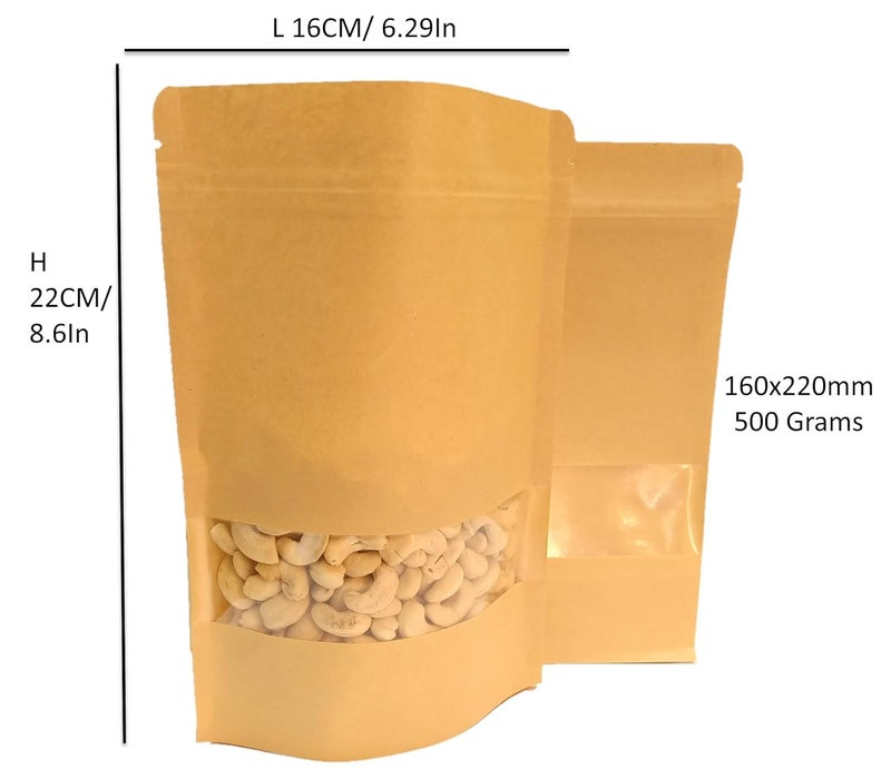Adaamya Reusable Zip Lock Brown Kraft Stand Up Paper Pouch Bags for MultiPurpose Storage 160mm W x 220mm H 500gm 100 - Image 2