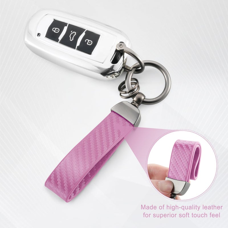 JUSTTOP Leather Keychain, Carbon Fiber Car Key Chain with Anti-Lost D-Ring and 2 Key Ring, Keychain Wristlet, Car Accessories, Universal Keychain for Men and Women (Pink) - Image 3