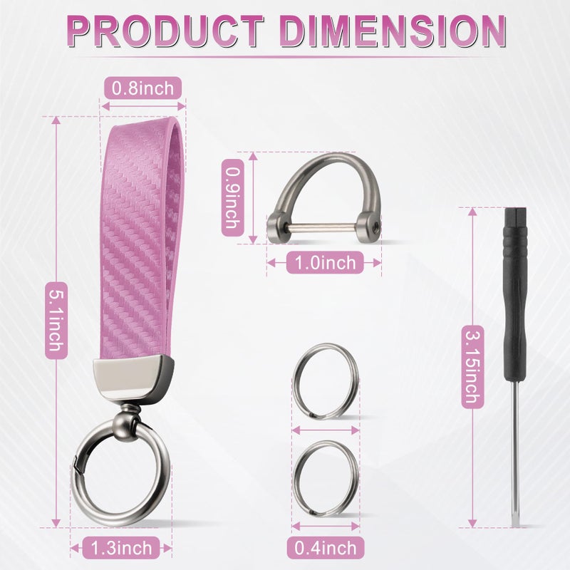 JUSTTOP Leather Keychain, Carbon Fiber Car Key Chain with Anti-Lost D-Ring and 2 Key Ring, Keychain Wristlet, Car Accessories, Universal Keychain for Men and Women (Pink) - Image 2