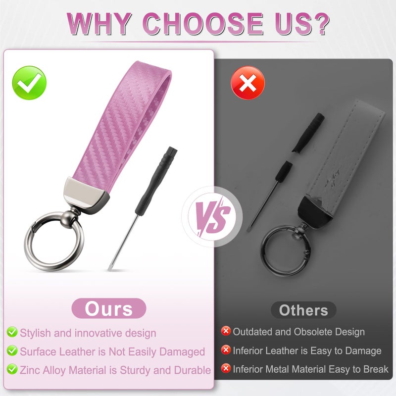JUSTTOP Leather Keychain, Carbon Fiber Car Key Chain with Anti-Lost D-Ring and 2 Key Ring, Keychain Wristlet, Car Accessories, Universal Keychain for Men and Women (Pink) - Image 5