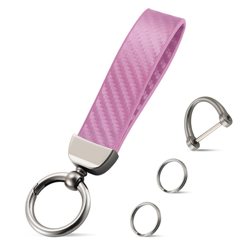 JUSTTOP Leather Keychain, Carbon Fiber Car Key Chain with Anti-Lost D-Ring and 2 Key Ring, Keychain Wristlet, Car Accessories, Universal Keychain for Men and Women (Pink) - Image 1