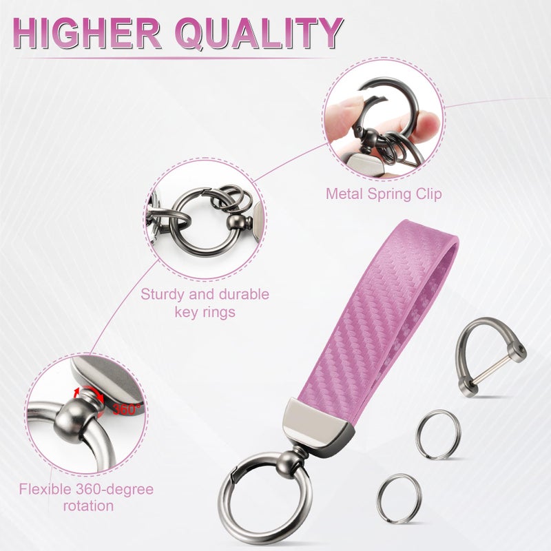 JUSTTOP Leather Keychain, Carbon Fiber Car Key Chain with Anti-Lost D-Ring and 2 Key Ring, Keychain Wristlet, Car Accessories, Universal Keychain for Men and Women (Pink) - Image 4