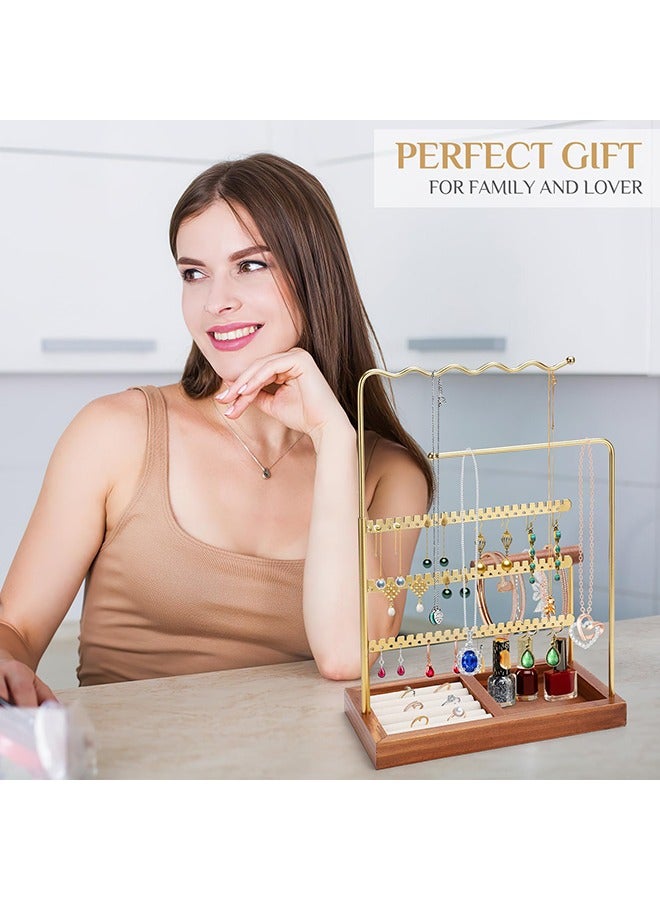 XiuWoo 6-in-1 Jewelry Organizer Stand – 3-Tier Earring Holder with Wooden Ring Tray, Perfect Display Stand for Necklaces, Bracelets, Watches, and Earrings  - Image 2
