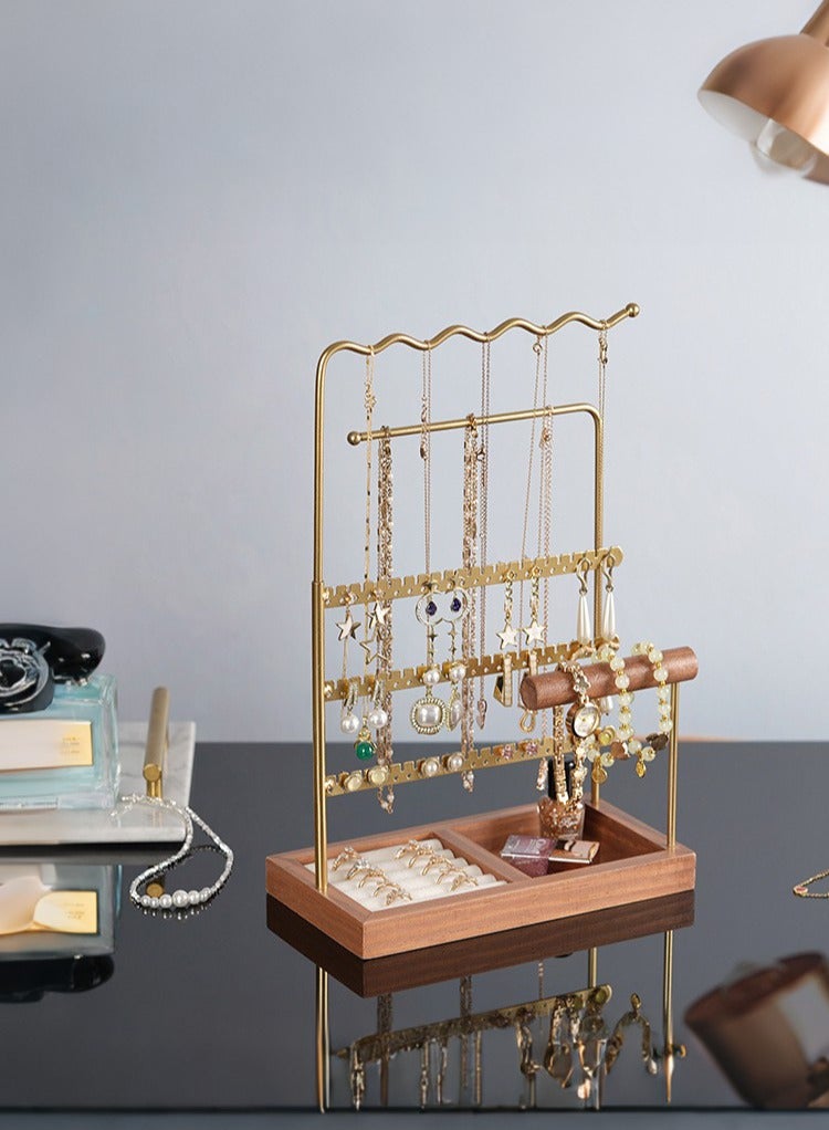 XiuWoo 6-in-1 Jewelry Organizer Stand – 3-Tier Earring Holder with Wooden Ring Tray, Perfect Display Stand for Necklaces, Bracelets, Watches, and Earrings  - Image 1