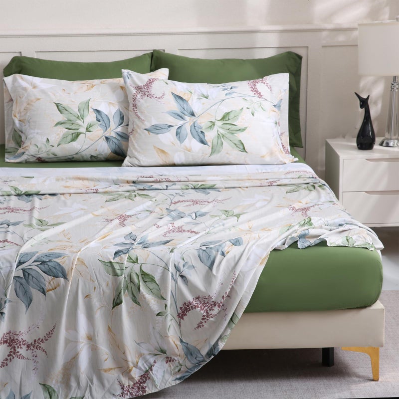 LONAVA Solid and Printed Queen Size Bed Sheet Set - 6-Piece, Includes Solid Fitted Sheet, Solid Pillowcases, OEKOTEX Certified, 100% Brushed Microfiber, Comfortable and Breathable, G24120 - Image 1
