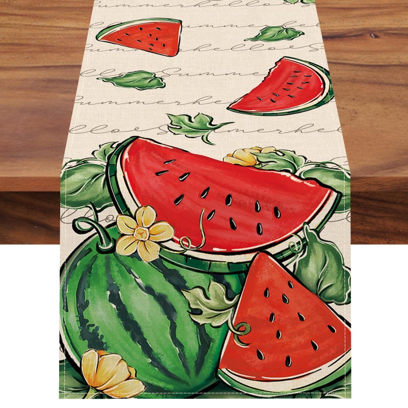 Seliem Hello Summer Watermelon Table Runner Tropical Fruit Kitchen Dining Table Decor Seasonal Burlap Home Decoration Indoor Outdoor Party Supply 13 x 72 Inch