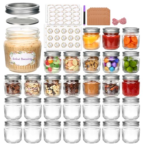 Brajttt 8 oz Mason Jars with Lids,30 Pcs Small Glass Jars with Lids,Stylish Striped Design Canning Jar for Food Freshness, Multipurpose for Jam, Candy, DIY, Honey, Pickles, Spice,Home Storage and Gifting - Image 1