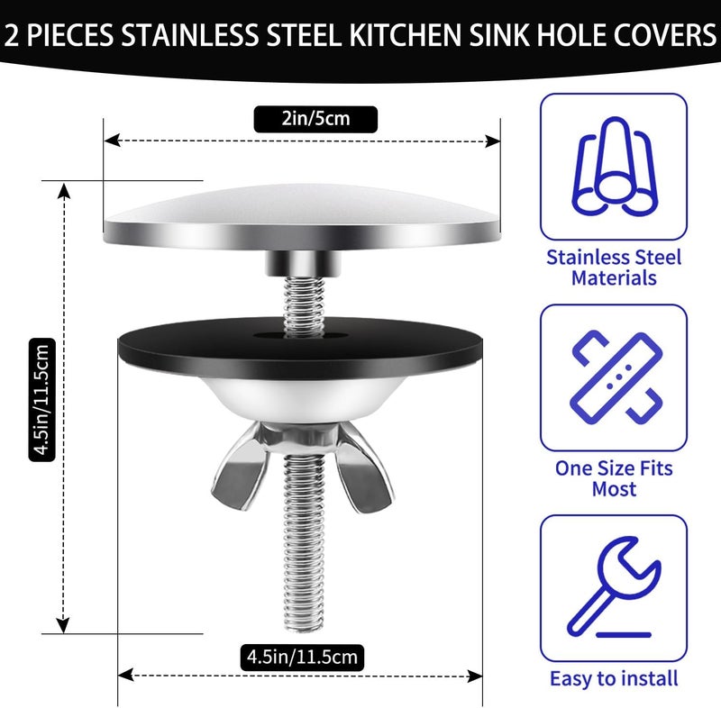 Quadafy 2 Pieces Silver 2 Inch Kitchen Sink Hole Covers, Stainless Steel Wash Basin Kitchen Sink Tap Hole Plate Stopper Cover Blanking Metal Plug, Sealed Decoration - Image 3