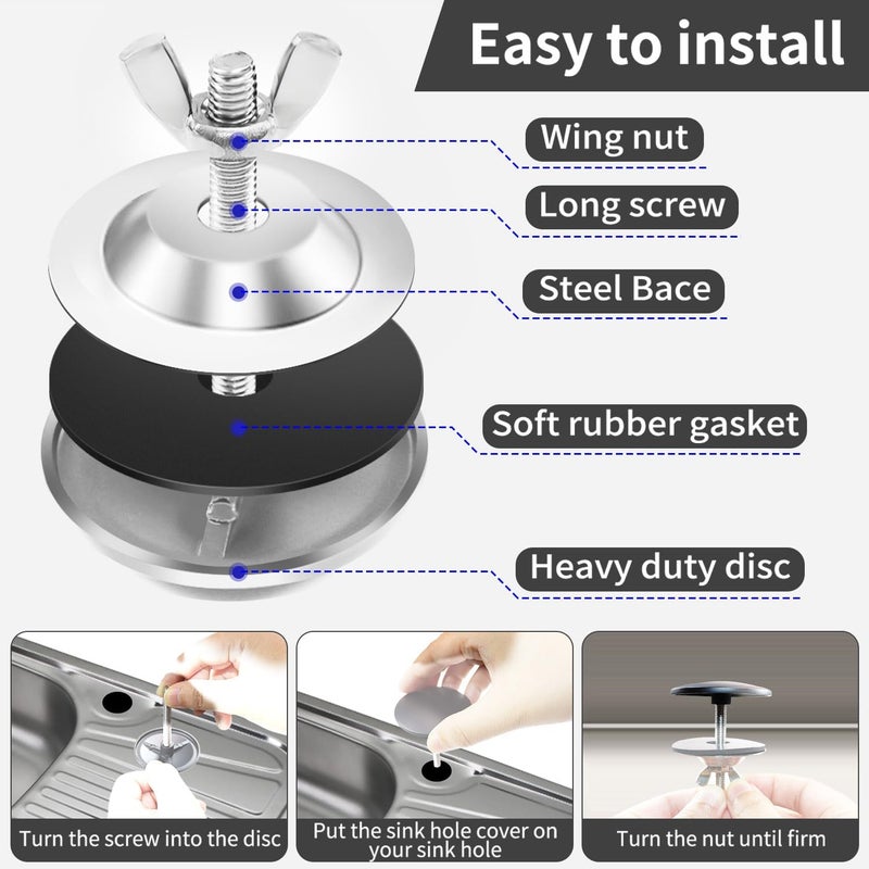 Quadafy 2 Pieces Silver 2 Inch Kitchen Sink Hole Covers, Stainless Steel Wash Basin Kitchen Sink Tap Hole Plate Stopper Cover Blanking Metal Plug, Sealed Decoration - Image 5