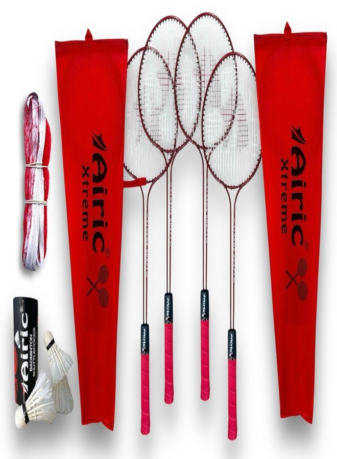 AIRIC Red Airic Xtreme Double Shaft Raquets with Feather Shuttles and 3 Side Tape Net Badminton Kit - Image 2