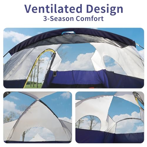 EchoSmile 10-12 Person Large Family Camping Tent, Waterproof Windproof Spacious Cabin Tent with Removable Rainfly, Easy Setup 3-Season Outdoor Shelter for Group Trips - Navy & Yellow - Image 4