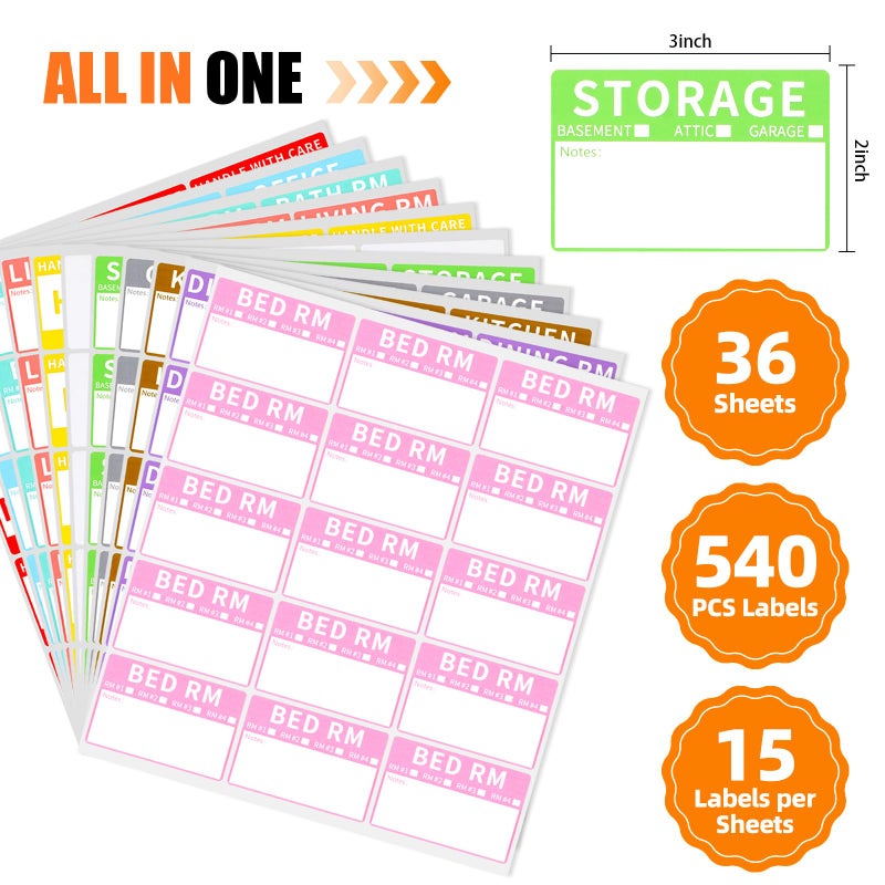 Azureal 540 PCS Moving Labels, 10 Color Coded Moving Stickers Including Fragile, Heavy and Blank Labels, 2'' x 3'' Packing Labels for Moving Boxes, Moving Supplies, Wardrobe Boxes, Apartment Sticker - Image 2
