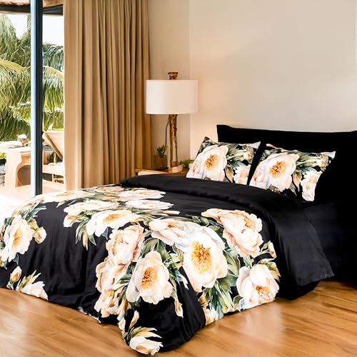 RUSTIQUE LINENS | Digitally Printed with Reactive Ink Tech | 300 TC 100% Organic Cotton Queen Premium Bedsheet Set | Ultra-Soft Satin-Like Finish | Floral Midnight Bloom - Image 1