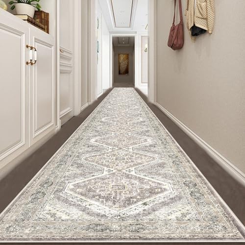 KUTA Extra Long Runner Rug for Hallway 2.6x18ft, Oriental Washable Kitchen Rugs, Ivory Grey Yellow Brown Non-Slip Stair Runners Indoor Soft Printed Vintage Carpet for Bedroom Living Room Nursery - Image 2