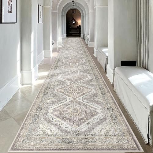 KUTA Extra Long Runner Rug for Hallway 2.6x18ft, Oriental Washable Kitchen Rugs, Ivory Grey Yellow Brown Non-Slip Stair Runners Indoor Soft Printed Vintage Carpet for Bedroom Living Room Nursery - Image 1