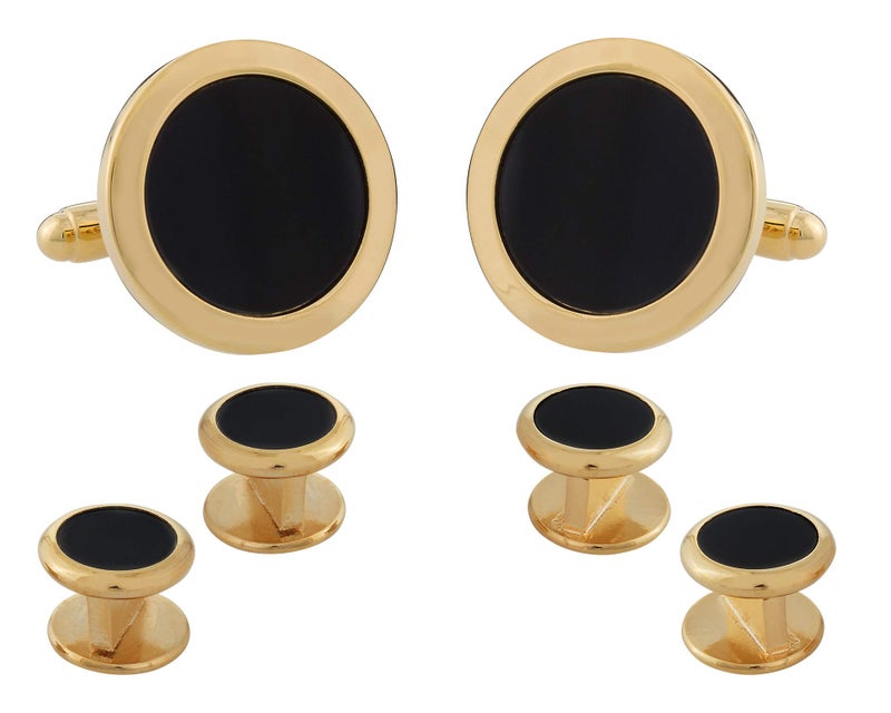 Cuff-Daddy Mens Round Black Onyx Gold Cufflinks Studs Tuxedo Formal Set with Presentation Box - Image 1
