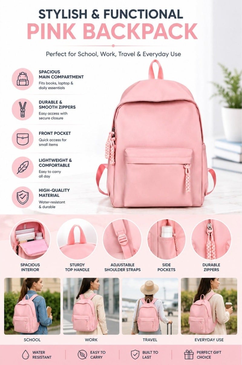 SamoDani Plain Color Backpack, Simple Elegant, Solid Color, Pink - Image 2