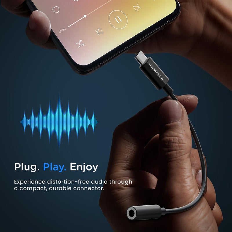 HAMMER Type-C to 3.5mm Audio Jack Connector Adapter with DAC Compatible with iPhone 15/16 Series/Samsung/OnePlus/Google Pixel/Nothing/MacBook/Laptop & Other Type C Phones Headphones Converter (Black) - Image 3
