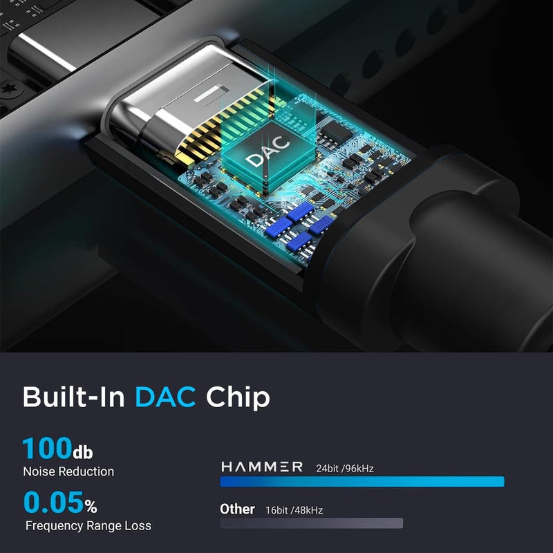 HAMMER Type-C to 3.5mm Audio Jack Connector Adapter with DAC Compatible with iPhone 15/16 Series/Samsung/OnePlus/Google Pixel/Nothing/MacBook/Laptop & Other Type C Phones Headphones Converter (Black) - Image 4