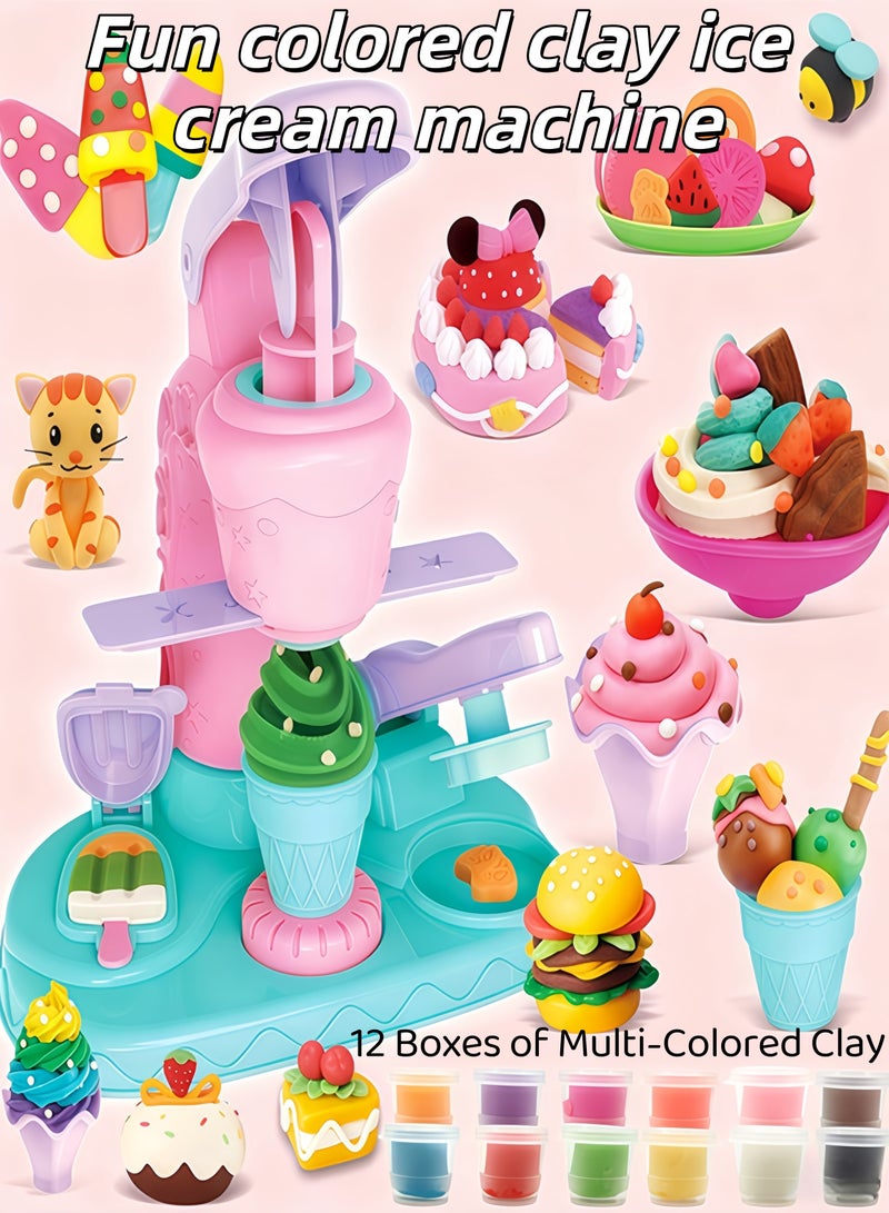 children's educational toys,Fun colored clay ice cream machine, wonderful toy ice cream clay machine, colored clay DIY dessert making toy set, plasticine mold tool set, 12 color intelligence development toys - Image 1