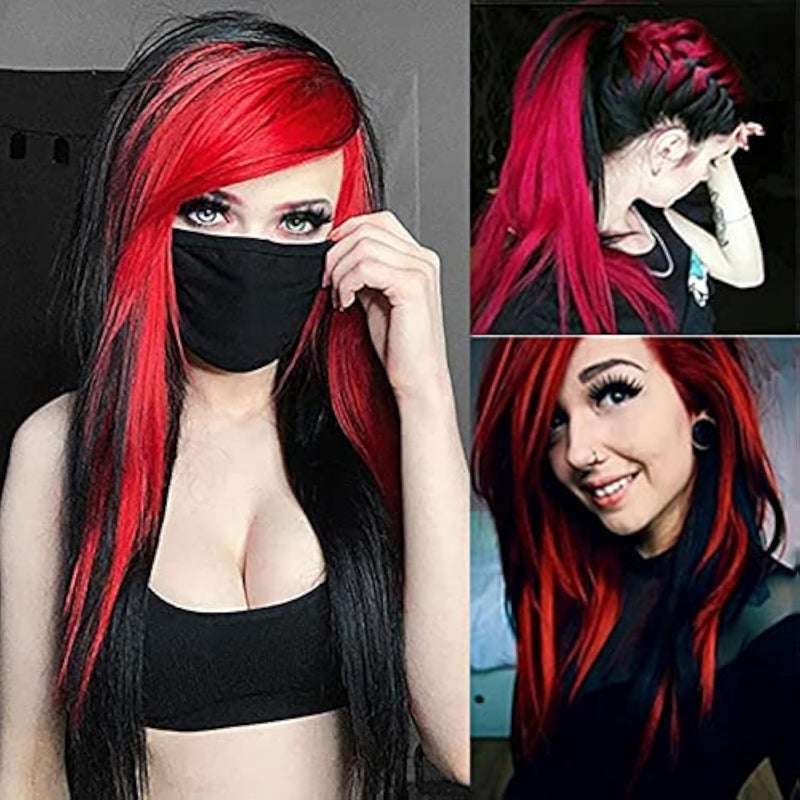 Baruisi Long Red Black Wig Silky Straight Synthetic Heat Resistant Side Bangs Halloween Costume Hair Wigs for Women - Image 1