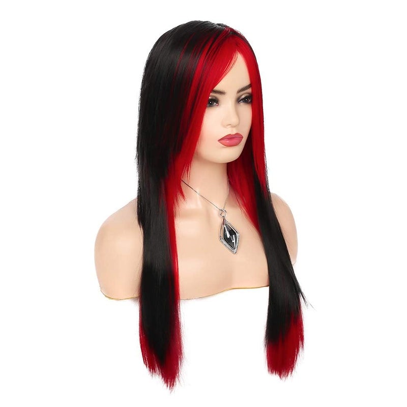 Baruisi Long Red Black Wig Silky Straight Synthetic Heat Resistant Side Bangs Halloween Costume Hair Wigs for Women - Image 3