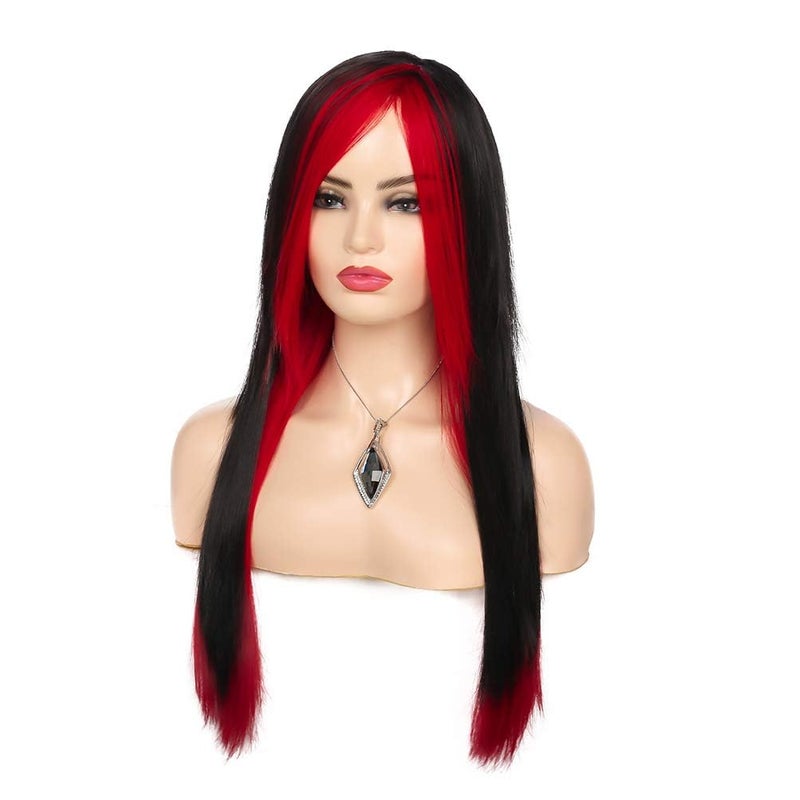 Baruisi Long Red Black Wig Silky Straight Synthetic Heat Resistant Side Bangs Halloween Costume Hair Wigs for Women - Image 2