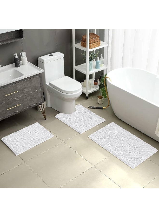 HOMEIDEAS 3 Pieces Bathroom Rugs, Ultra Soft Non Slip Absorbent Chenille Toilet Bath Mat Set (White) - Image 2