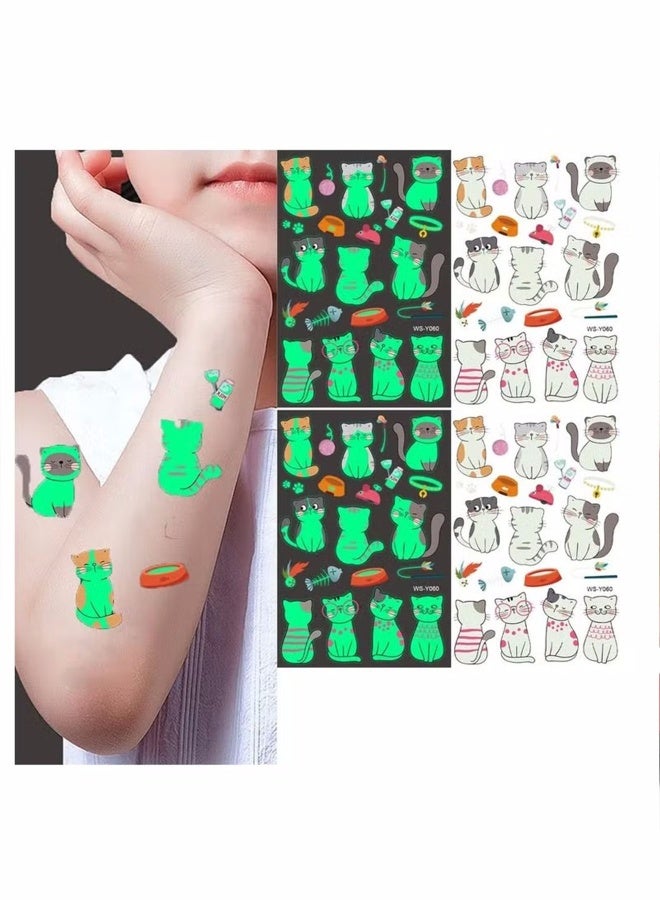 10 Sheets Cat Glow Temporary Tattoos for Kids Waterproof Luminous Tattoo Sticker Glow Mixed Style Cartoon Tattoo Waterproof Fake Tattoo Stickers Party Supplies Gifts for Boys and Girls - Image 1
