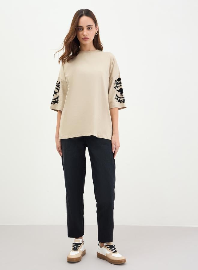Styli Beige Embroidered Oversized T-Shirt - Image 2