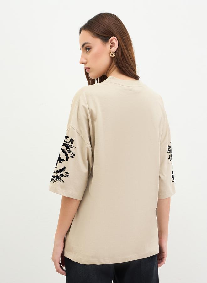 Styli Beige Embroidered Oversized T-Shirt - Image 5