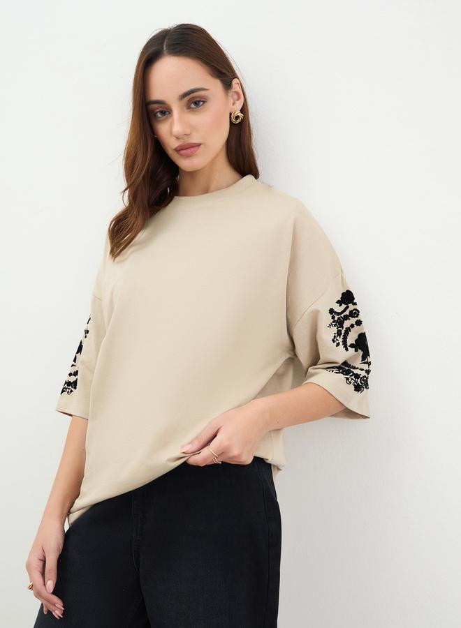 Styli Beige Embroidered Oversized T-Shirt - Image 1