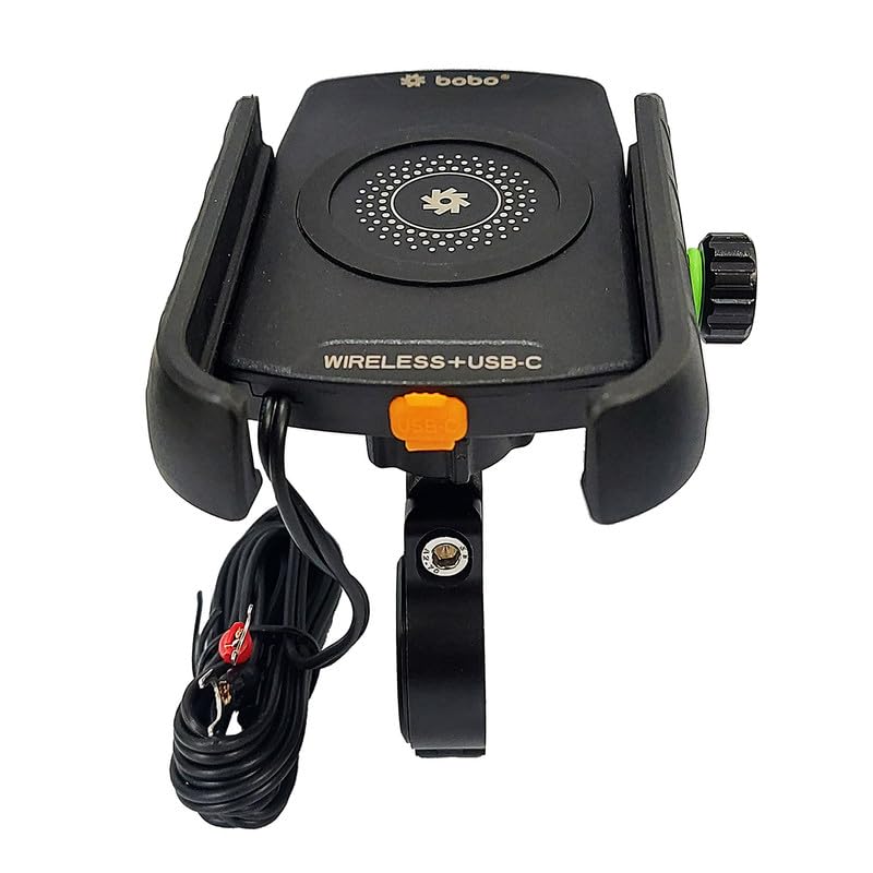 Bobo BM12 Jaw-Grip Waterproof Bike/Motorcycle/Scooter Mobile Phone Holder Mount with Fast 15W Wireless & USB-C Input/Output Charger, Ideal for Maps and GPS Navigation (Black) - Image 1
