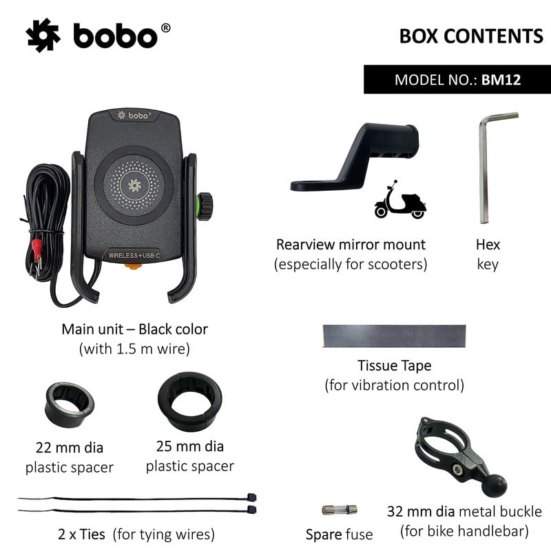 Bobo BM12 Jaw-Grip Waterproof Bike/Motorcycle/Scooter Mobile Phone Holder Mount with Fast 15W Wireless & USB-C Input/Output Charger, Ideal for Maps and GPS Navigation (Black) - Image 3