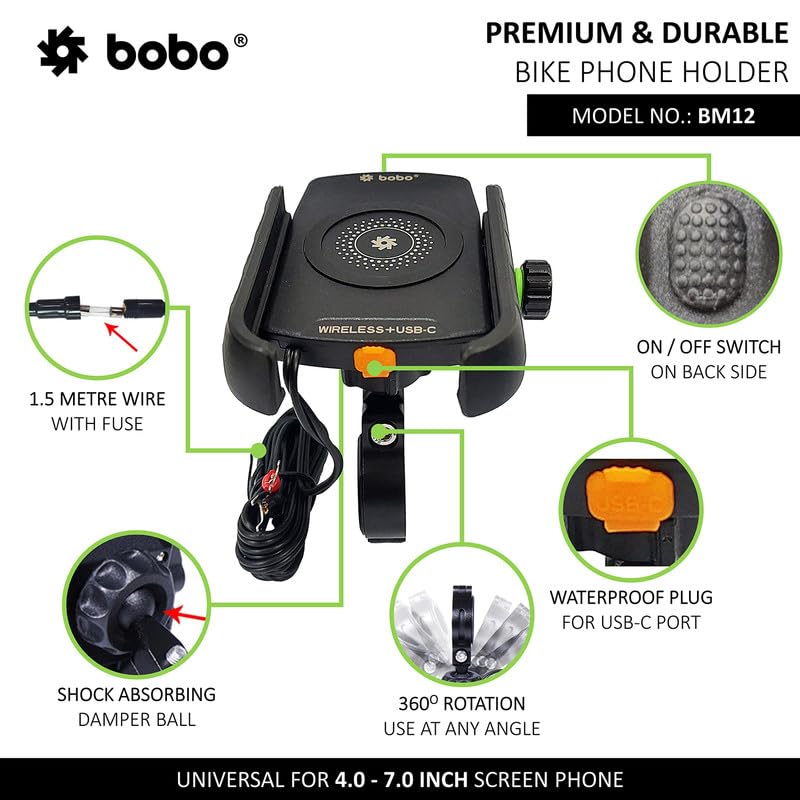 Bobo BM12 Jaw-Grip Waterproof Bike/Motorcycle/Scooter Mobile Phone Holder Mount with Fast 15W Wireless & USB-C Input/Output Charger, Ideal for Maps and GPS Navigation (Black) - Image 2