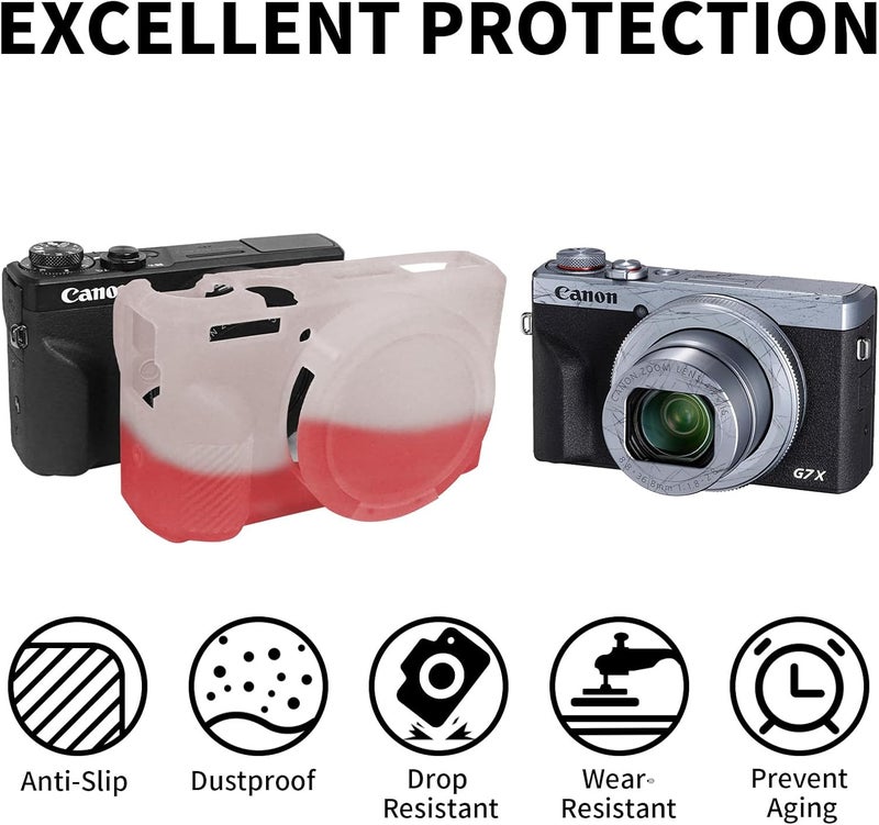 Easy Hood حافظة G7X Mark III، غلاف واقي من السيليكون الناعم لكاميرا كانون باور شوت G7X Mark III، واقي جسم الكاميرا المتين مع غطاء عدسة قابل للإزالة، أبيض أحمر - Image 2