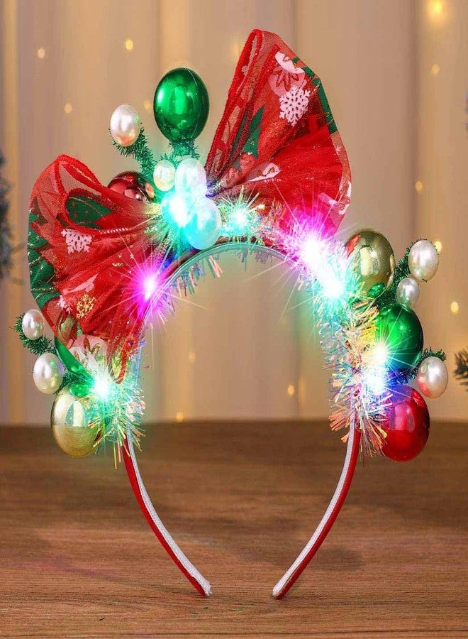 يان طوق رأس مزين بكرات عيد الميلاد من يان، مزين بفيونكة حمراء مضيئة، إكسسوارات شعر مريحة لحفلات العطلات للنساء والفتيات - Image 2