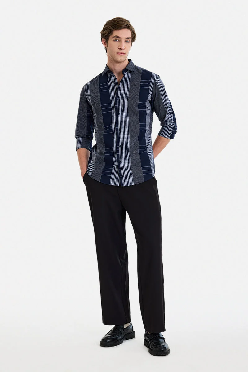 SNITCH Navy Checkered Long Sleeve Slim Fit Luxe Shirt