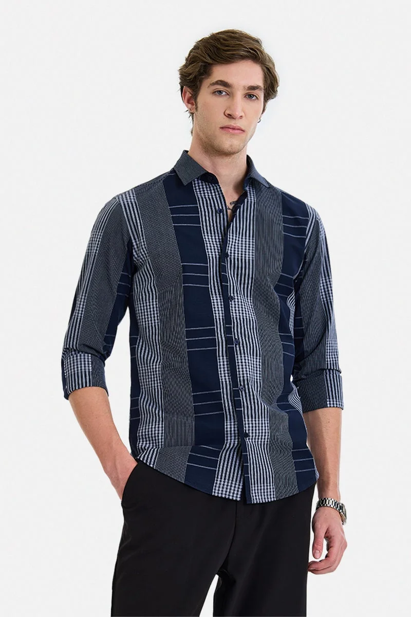 سنيتش Navy Checkered Long Sleeve Slim Fit Luxe Shirt