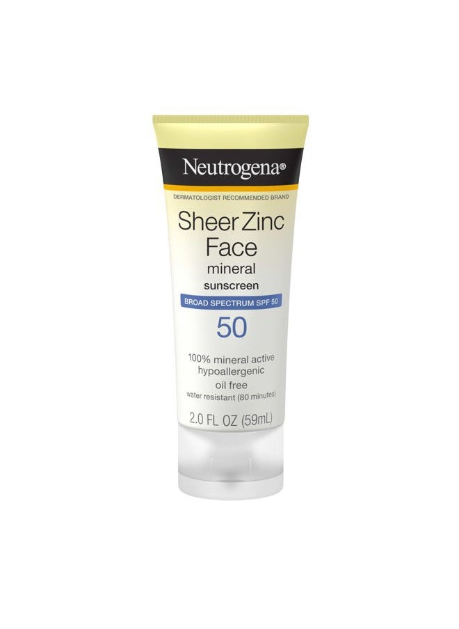 Neutrogena - Sheer Zinc Oxide Dry-Touch Mineral Face Sunscreen Lotion with Broad Spectrum SPF 50, Oil-Free, Non-Comedogenic & Non-Greasy, Hypoallergenic, 2 fl. oz - Image 1